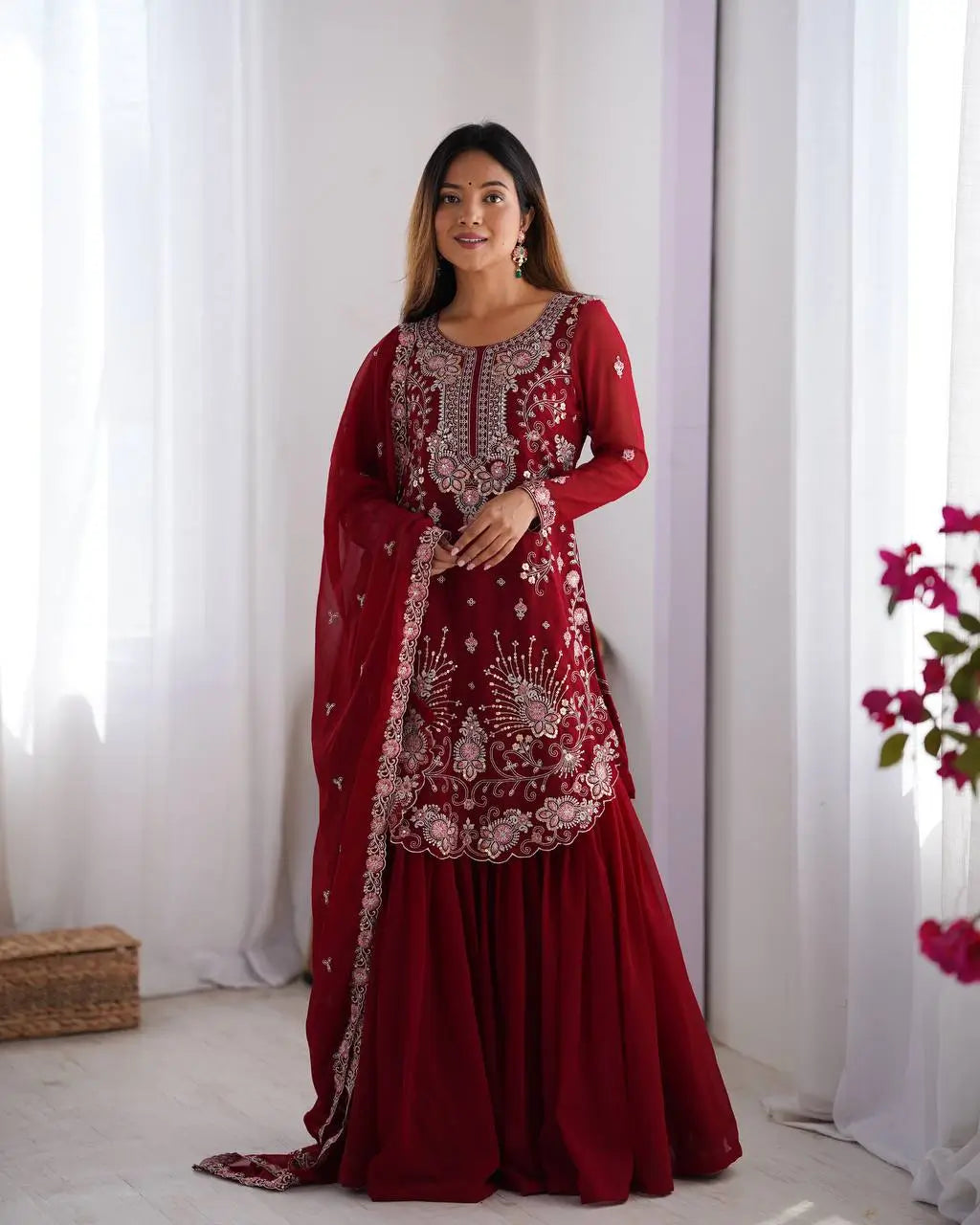 Faux Georgette Thread and Sequin Embroidered Sharara Suit
