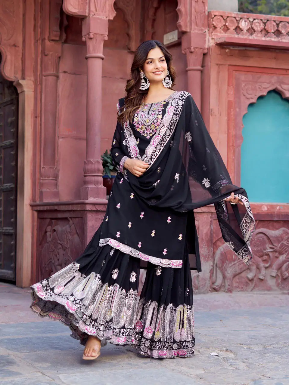 Faux Georgette Thread and Sequin Embroidered Sharara Suit