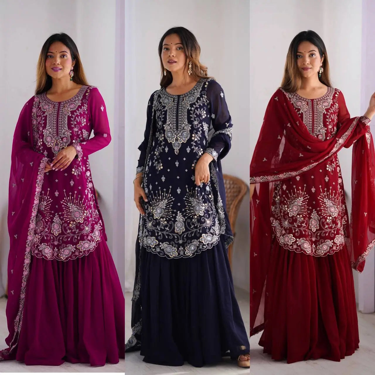 Faux Georgette Thread and Sequin Embroidered Sharara Suit