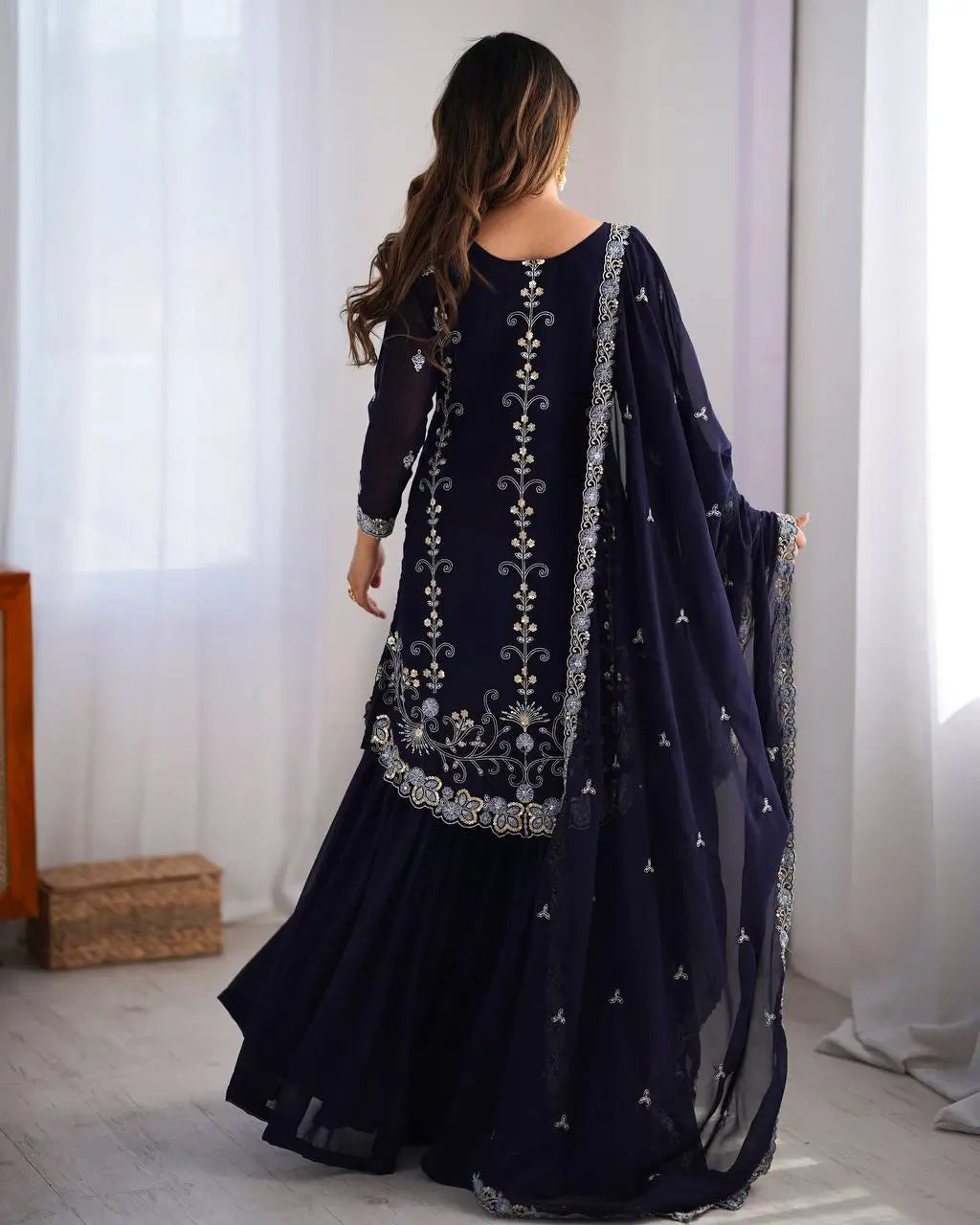 Faux Georgette Thread and Sequin Embroidered Sharara Suit