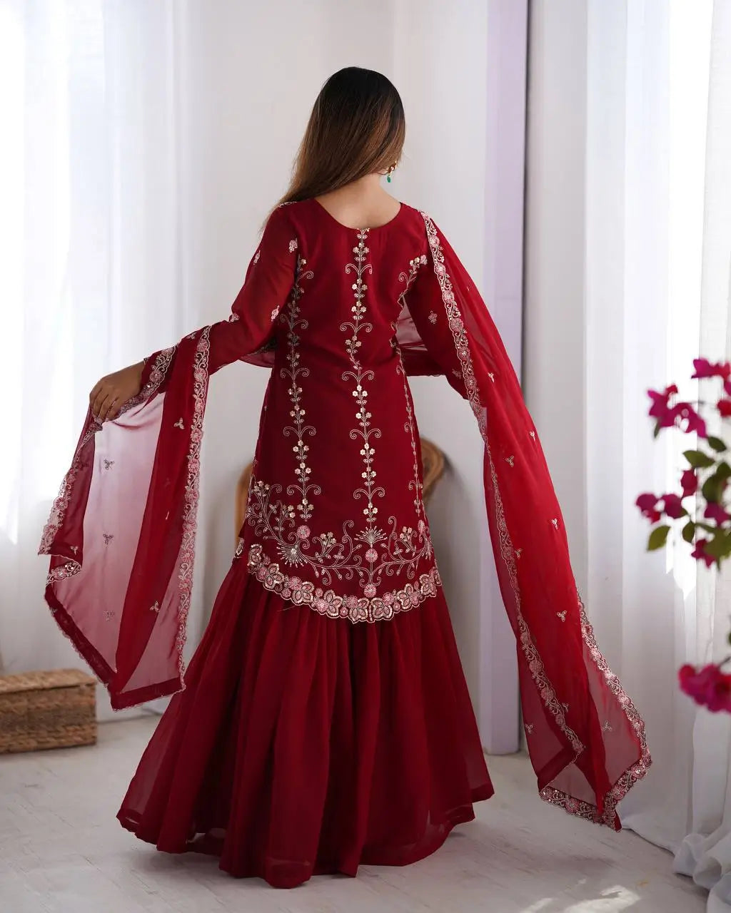 Faux Georgette Thread and Sequin Embroidered Sharara Suit