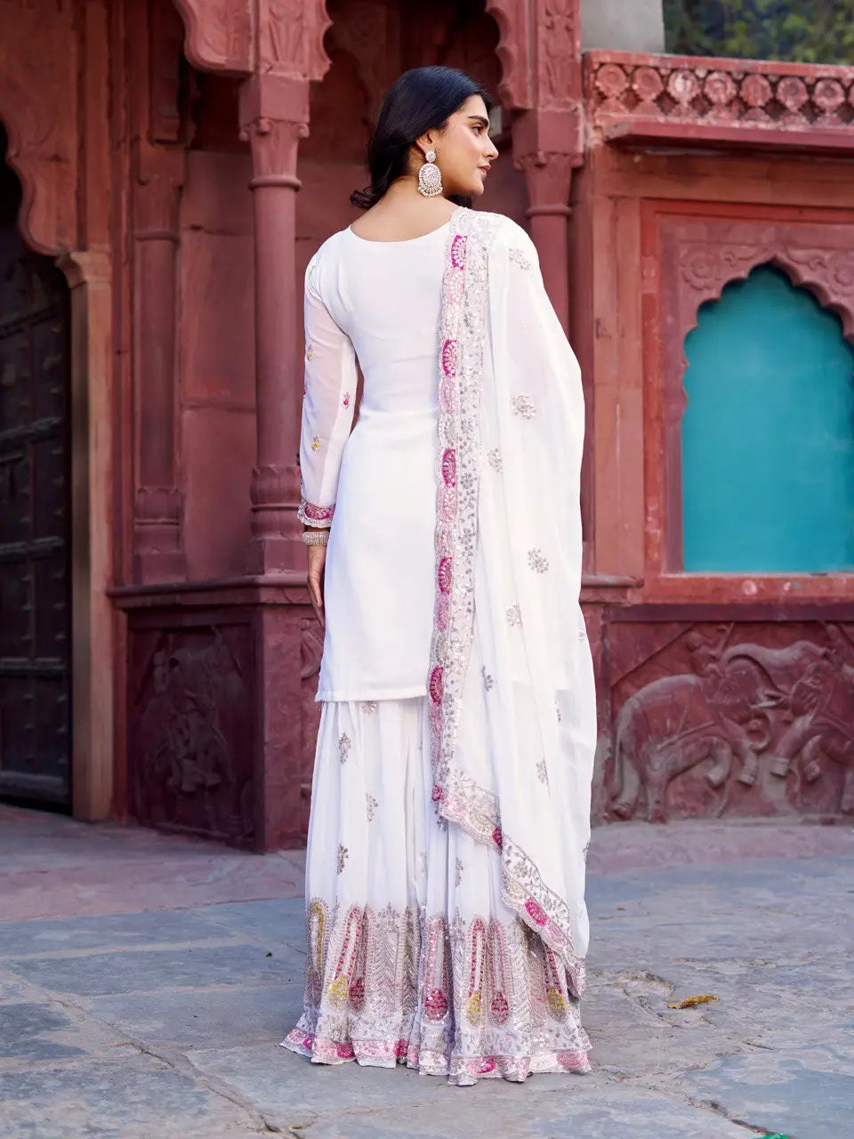 Faux Georgette Thread and Sequin Embroidered Sharara Suit