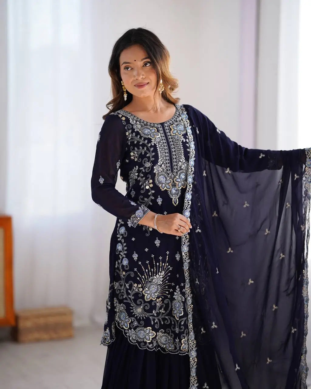 Faux Georgette Thread and Sequin Embroidered Sharara Suit