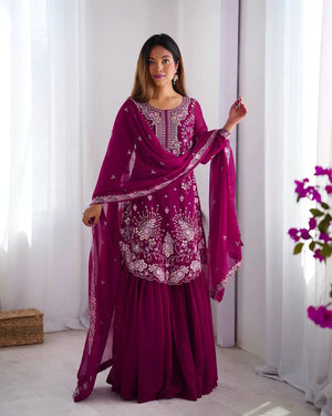 Faux Georgette Thread and Sequin Embroidered Sharara Suit