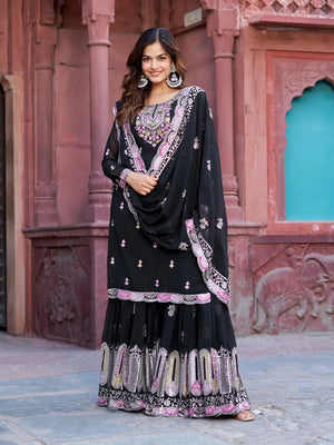 Faux Georgette Thread and Sequin Embroidered Sharara Suit