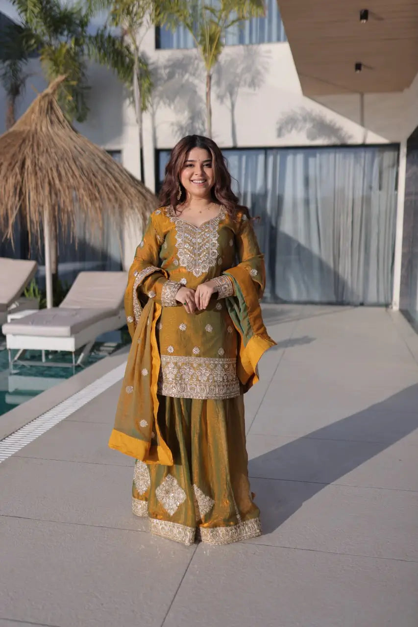 Fendi Chiffon Zari Sequins Embroidered Sharara Set for Festive and Wedding Wear