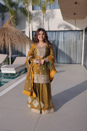 Fendi Chiffon Zari Sequins Embroidered Sharara Set for Festive and Wedding Wear