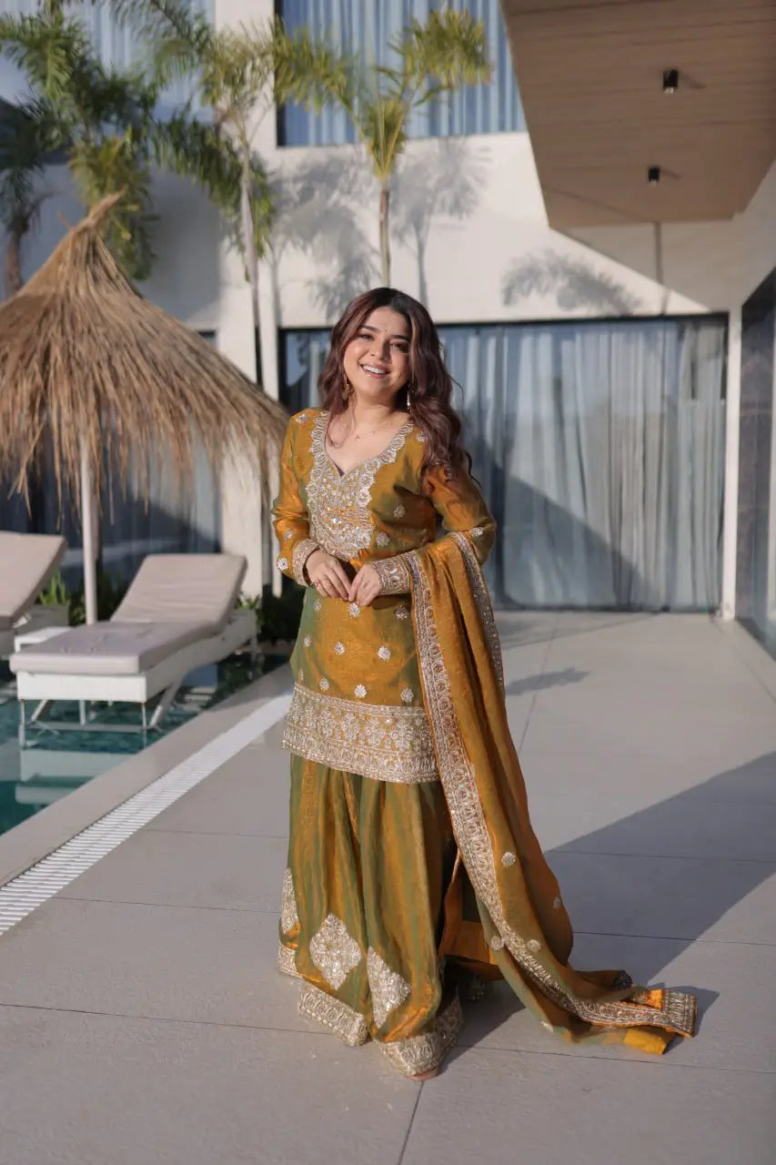 Fendi Chiffon Zari Sequins Embroidered Sharara Set for Festive and Wedding Wear