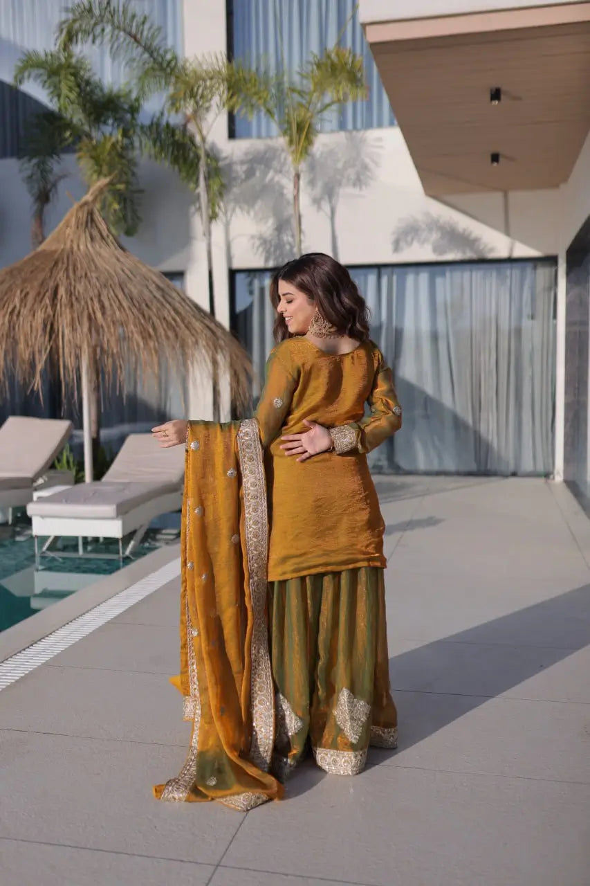 Fendi Chiffon Zari Sequins Embroidered Sharara Set for Festive and Wedding Wear
