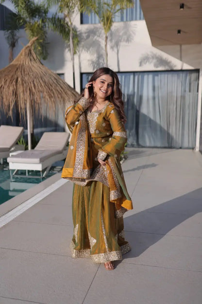 Fendi Chiffon Zari Sequins Embroidered Sharara Set for Festive and Wedding Wear