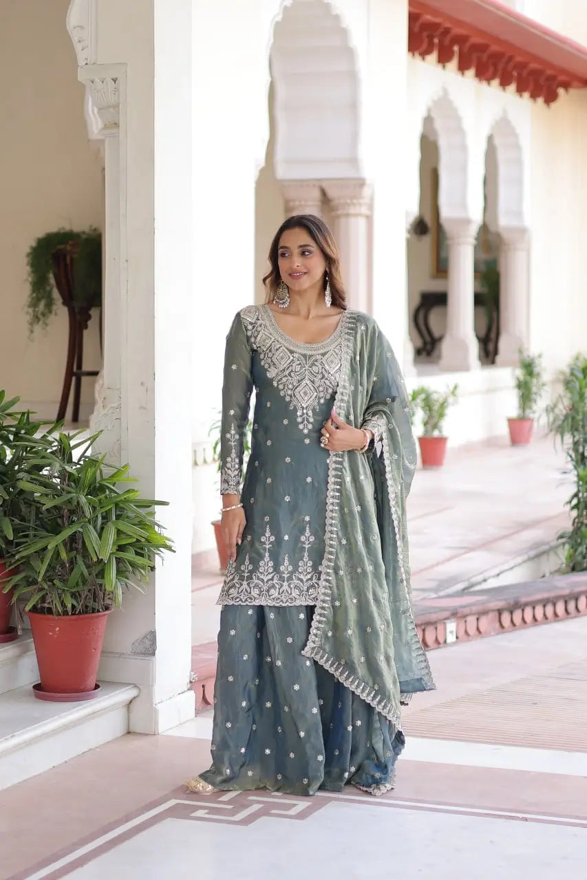 Fendi Silk Embroidered Sharara Suit Set