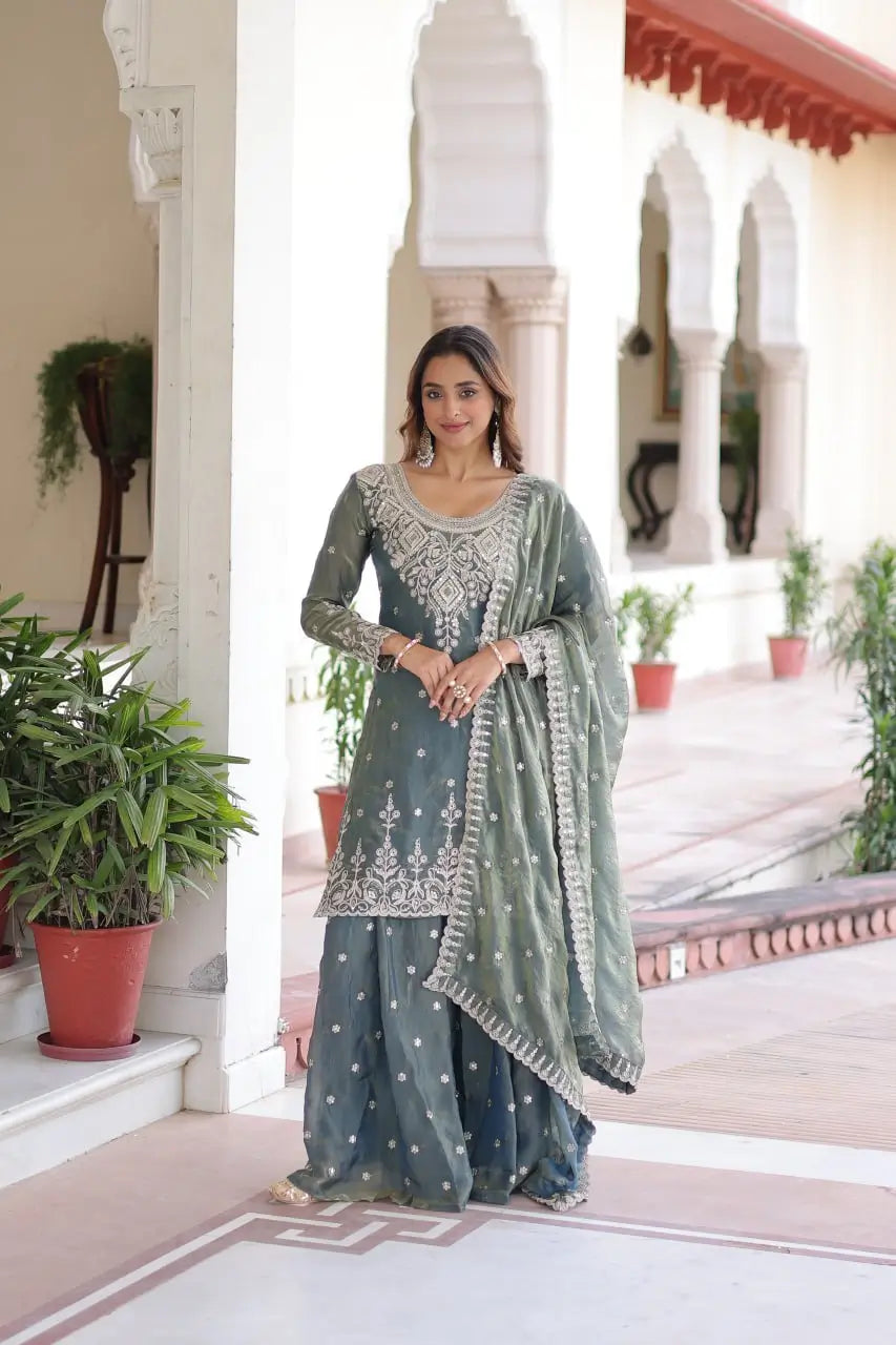 Fendi Silk Embroidered Sharara Suit Set