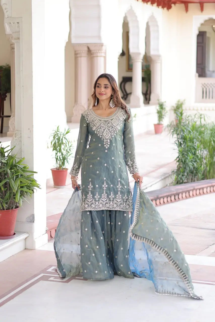 Fendi Silk Embroidered Sharara Suit Set