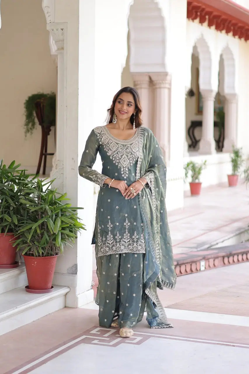 Fendi Silk Embroidered Sharara Suit Set
