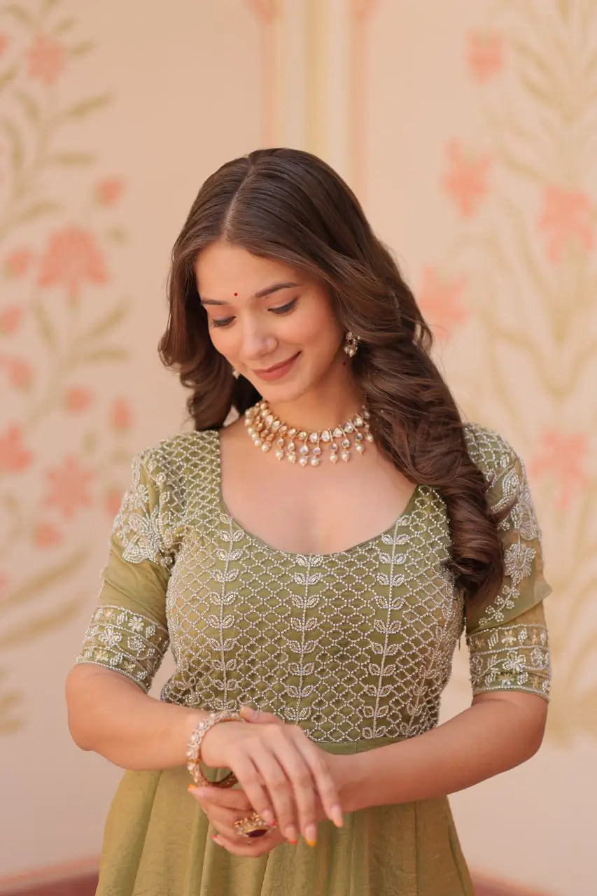 Fendy Beads Embroidered Long Gown – Elegant Party Wear Anarkali Style