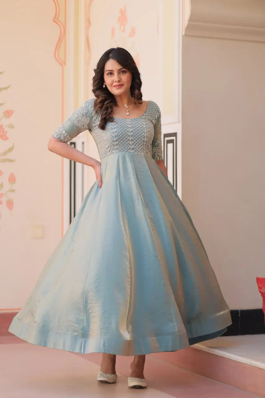 Fendy Beads Embroidered Long Gown – Elegant Party Wear Anarkali Style