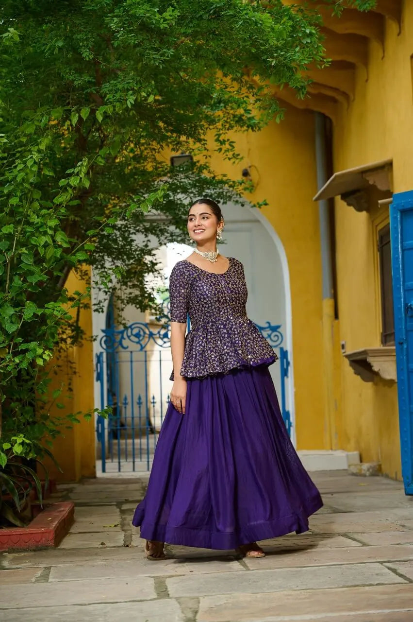 Fendy Embroidered Peplum Blouse with Flared Lehenga – Festive & Wedding Wear