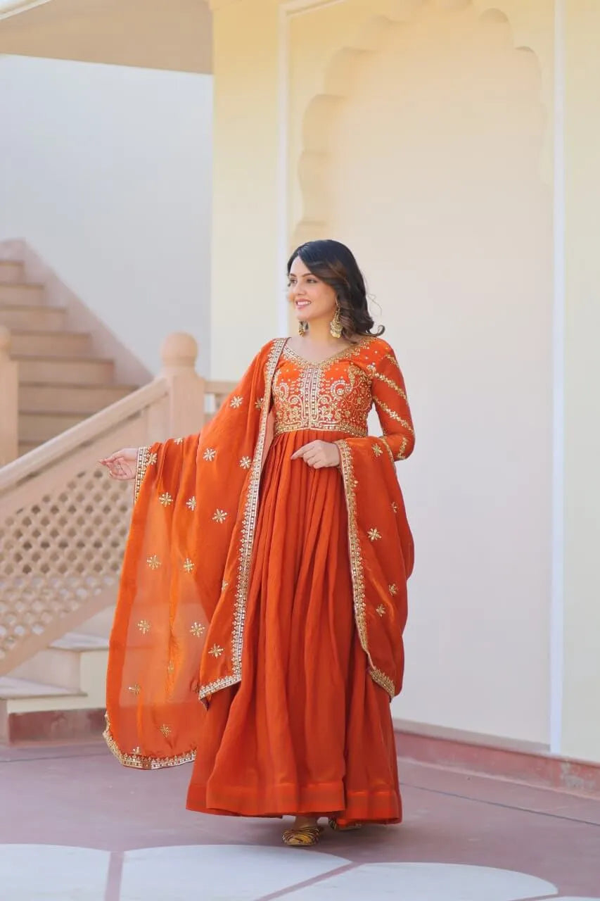 Fendy Fabric Gown with Zari & Sequins Embroidery and Dupatta – Fenta & Mehendi