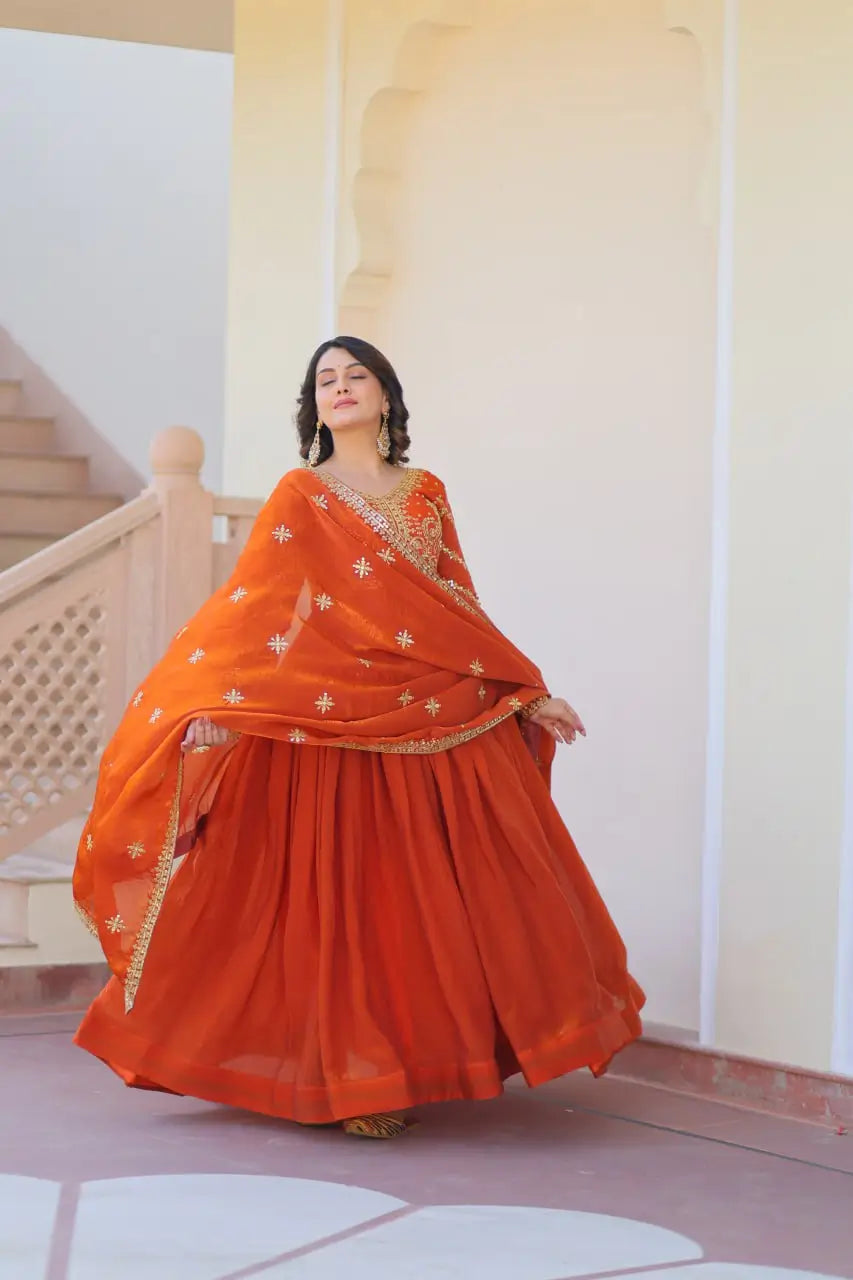 Fendy Fabric Gown with Zari & Sequins Embroidery and Dupatta – Fenta & Mehendi