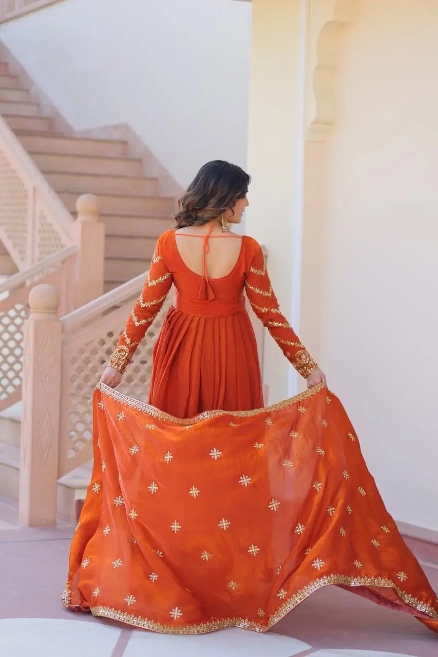 Fendy Fabric Gown with Zari & Sequins Embroidery and Dupatta – Fenta & Mehendi