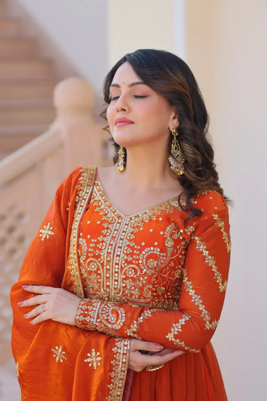 Fendy Fabric Gown with Zari & Sequins Embroidery and Dupatta – Fenta & Mehendi