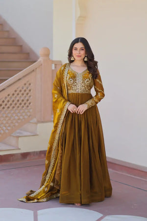 Fendy Fabric Gown with Zari & Sequins Embroidery and Dupatta – Fenta & Mehendi