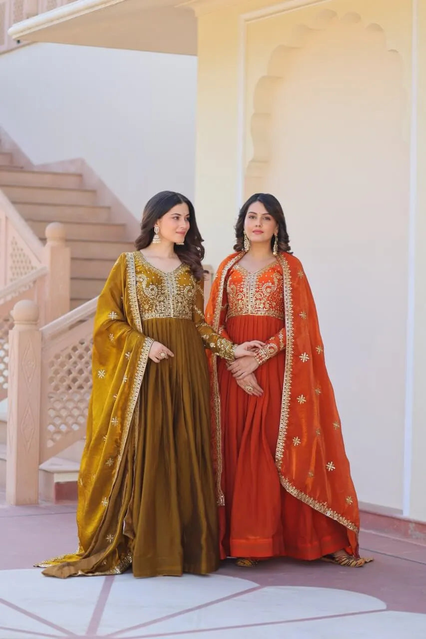 Fendy Fabric Gown with Zari & Sequins Embroidery and Dupatta – Fenta & Mehendi