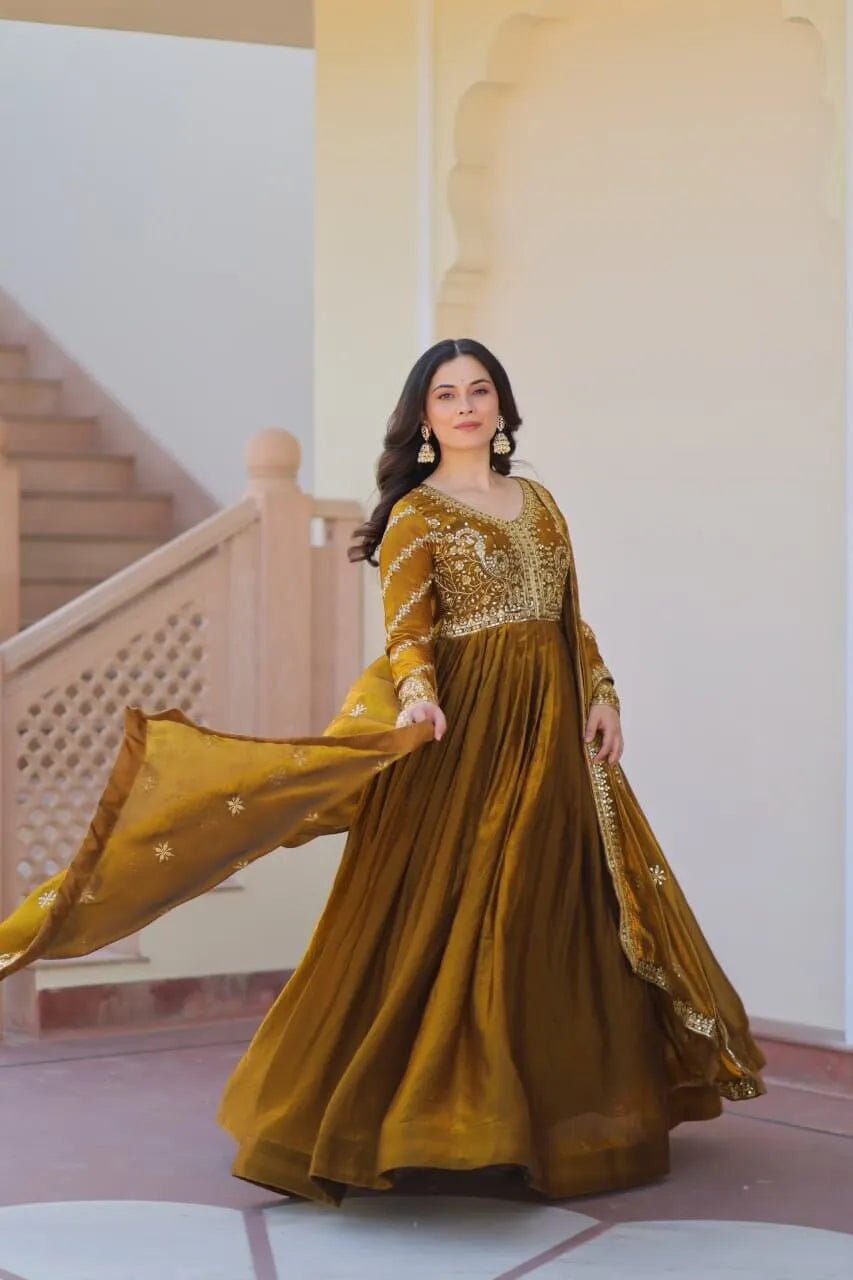 Fendy Fabric Gown with Zari & Sequins Embroidery and Dupatta – Fenta & Mehendi