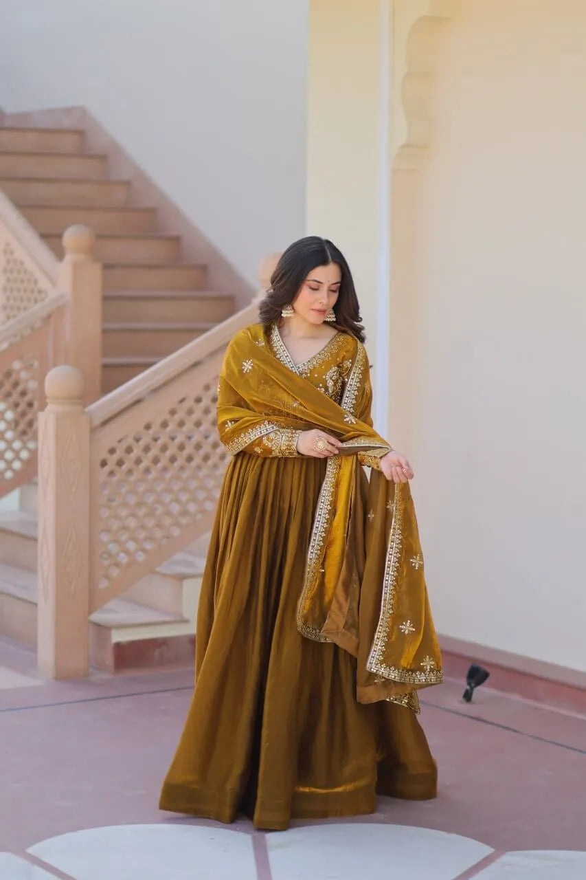 Fendy Fabric Gown with Zari & Sequins Embroidery and Dupatta – Fenta & Mehendi