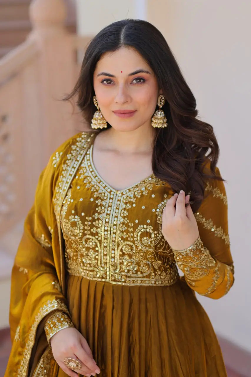 Fendy Fabric Gown with Zari & Sequins Embroidery and Dupatta – Fenta & Mehendi