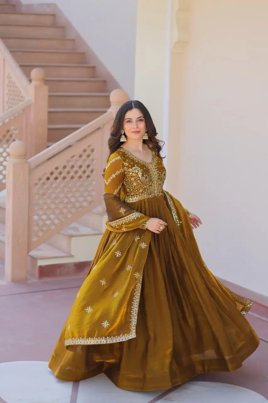 Fendy Fabric Gown with Zari & Sequins Embroidery and Dupatta – Fenta & Mehendi