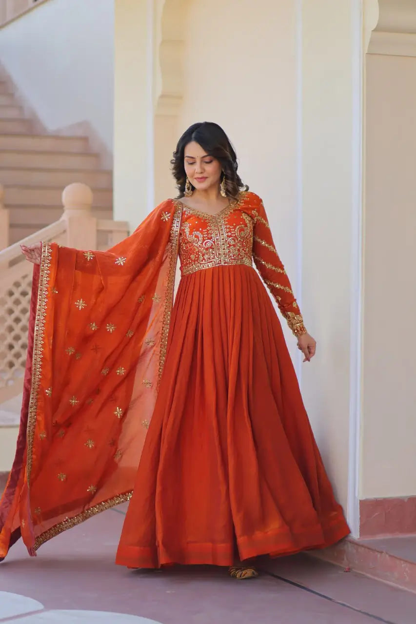 Fendy Fabric Gown with Zari & Sequins Embroidery and Dupatta – Fenta & Mehendi