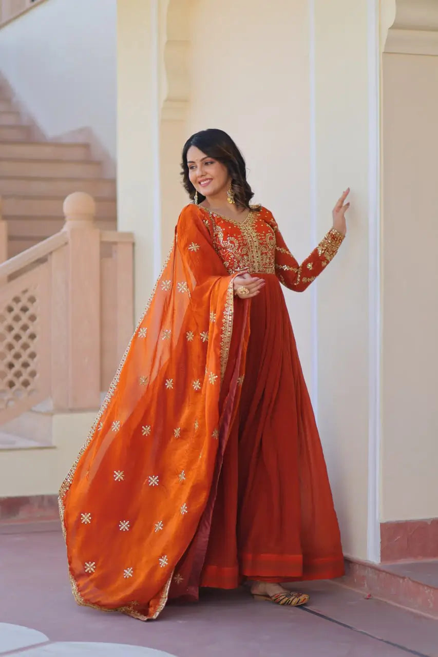 Fendy Fabric Gown with Zari & Sequins Embroidery and Dupatta – Fenta & Mehendi