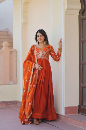 Fendy Fabric Gown with Zari & Sequins Embroidery and Dupatta – Fenta & Mehendi