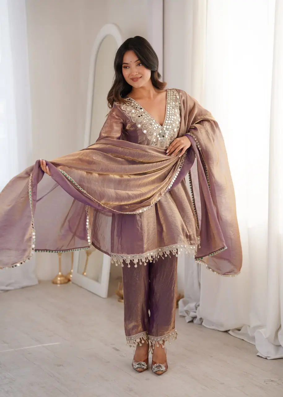 Fendy Fabric Mirror Work Kurti Pant Set with Dupatta