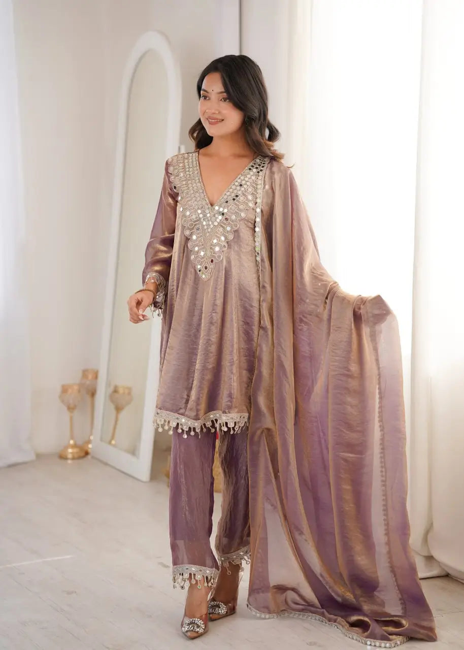 Fendy Fabric Mirror Work Kurti Pant Set with Dupatta