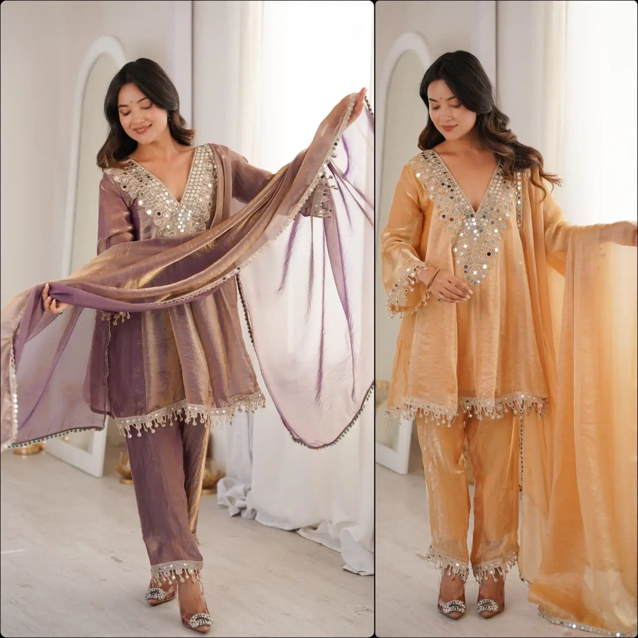 Fendy Fabric Mirror Work Kurti Pant Set with Dupatta