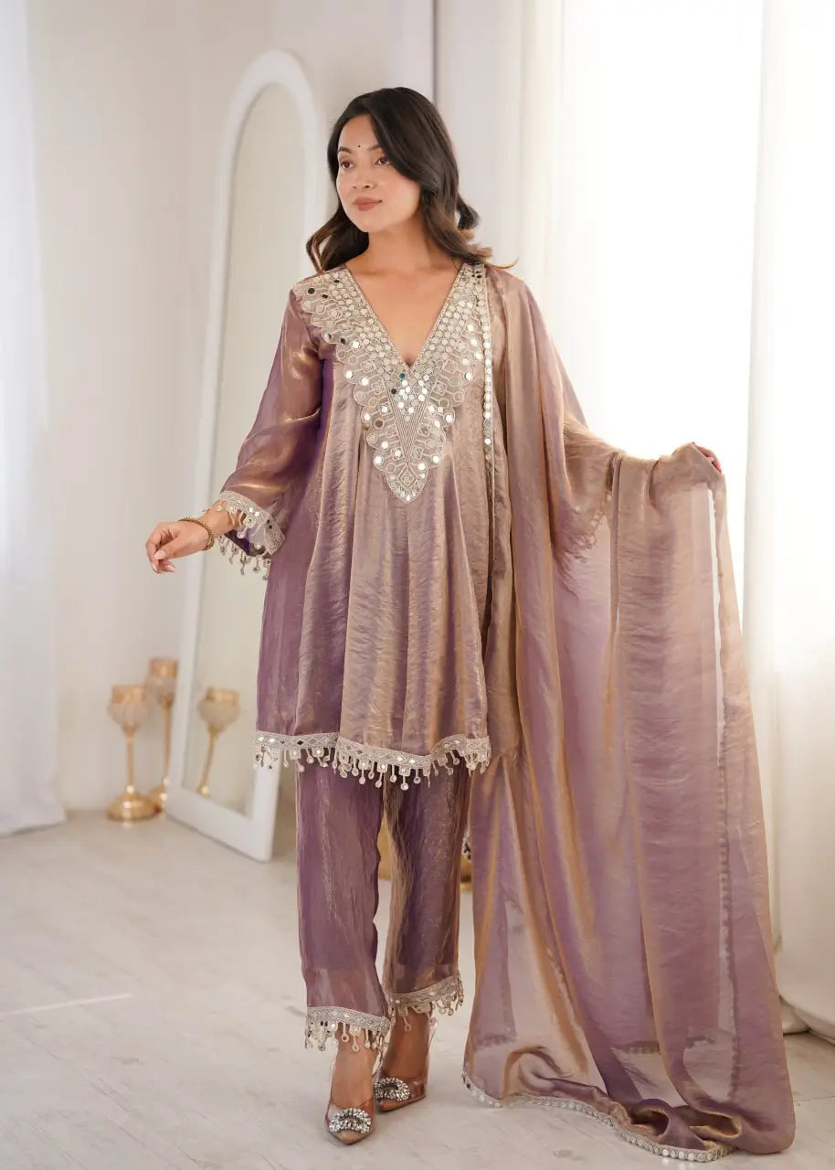 Fendy Fabric Mirror Work Kurti Pant Set with Dupatta