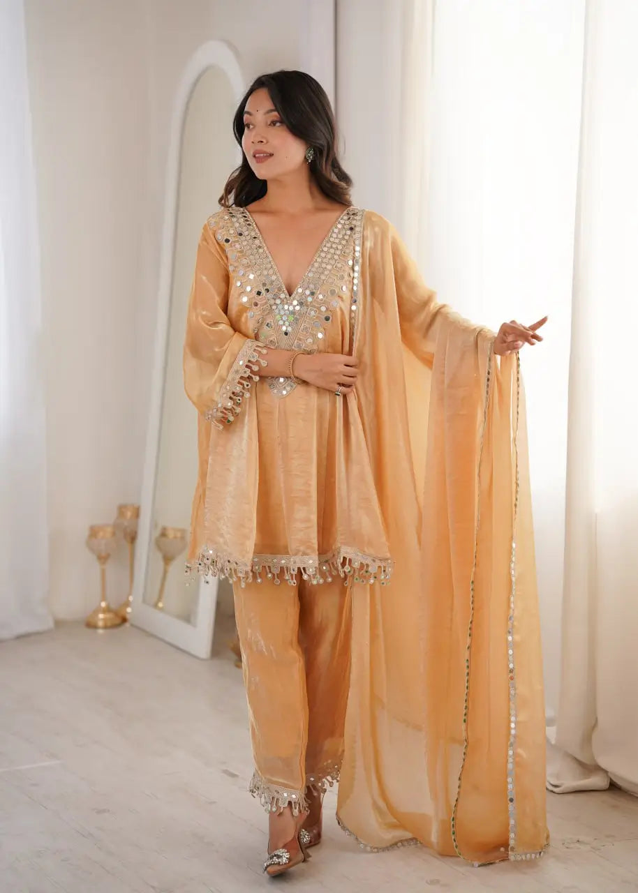 Fendy Fabric Mirror Work Kurti Pant Set with Dupatta