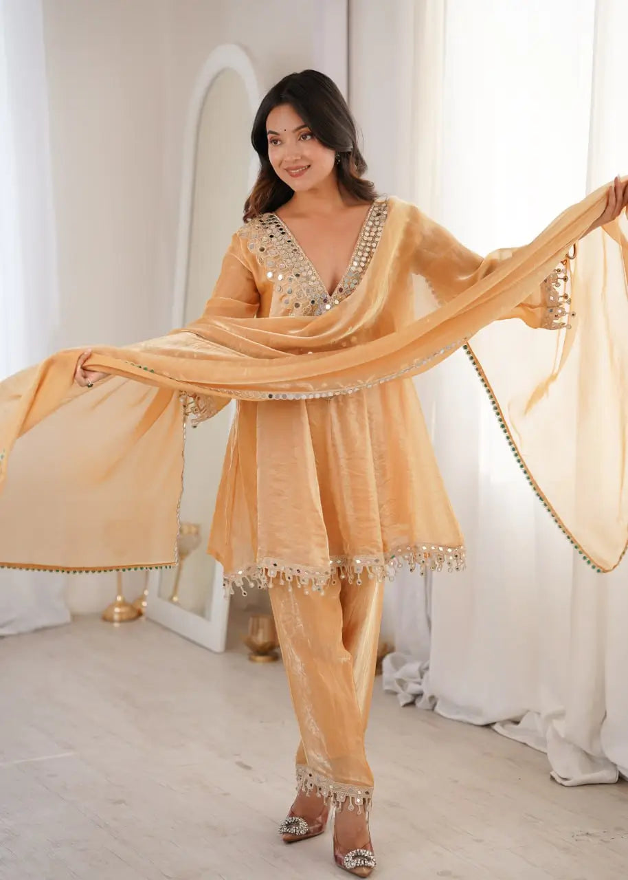 Fendy Fabric Mirror Work Kurti Pant Set with Dupatta