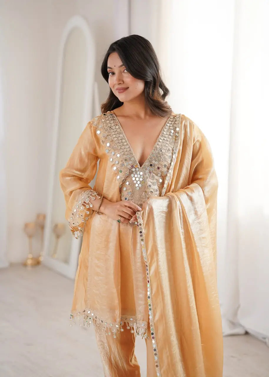 Fendy Fabric Mirror Work Kurti Pant Set with Dupatta