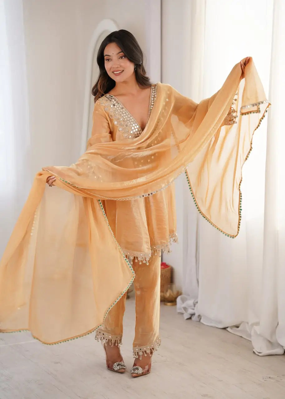 Fendy Fabric Mirror Work Kurti Pant Set with Dupatta
