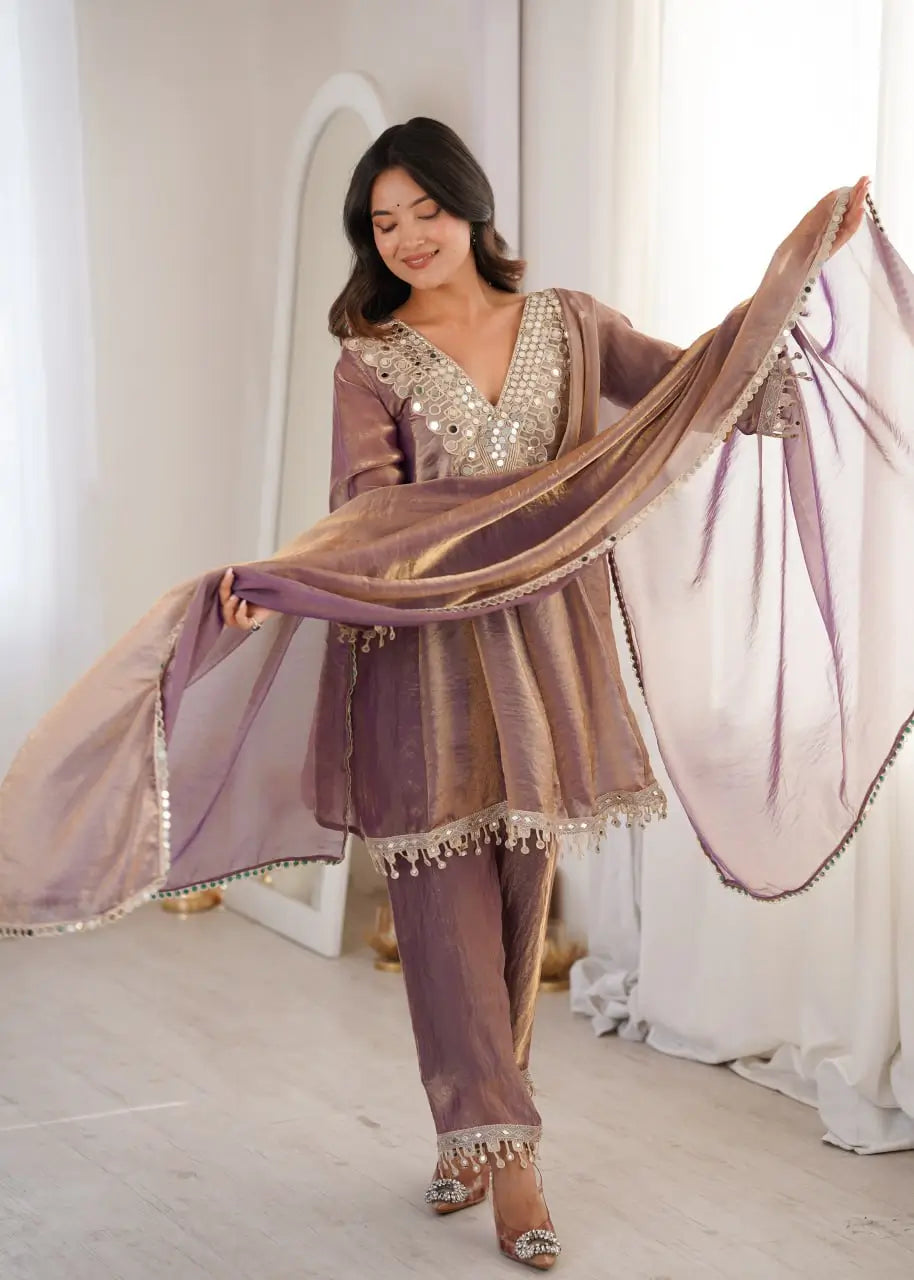 Fendy Fabric Mirror Work Kurti Pant Set with Dupatta
