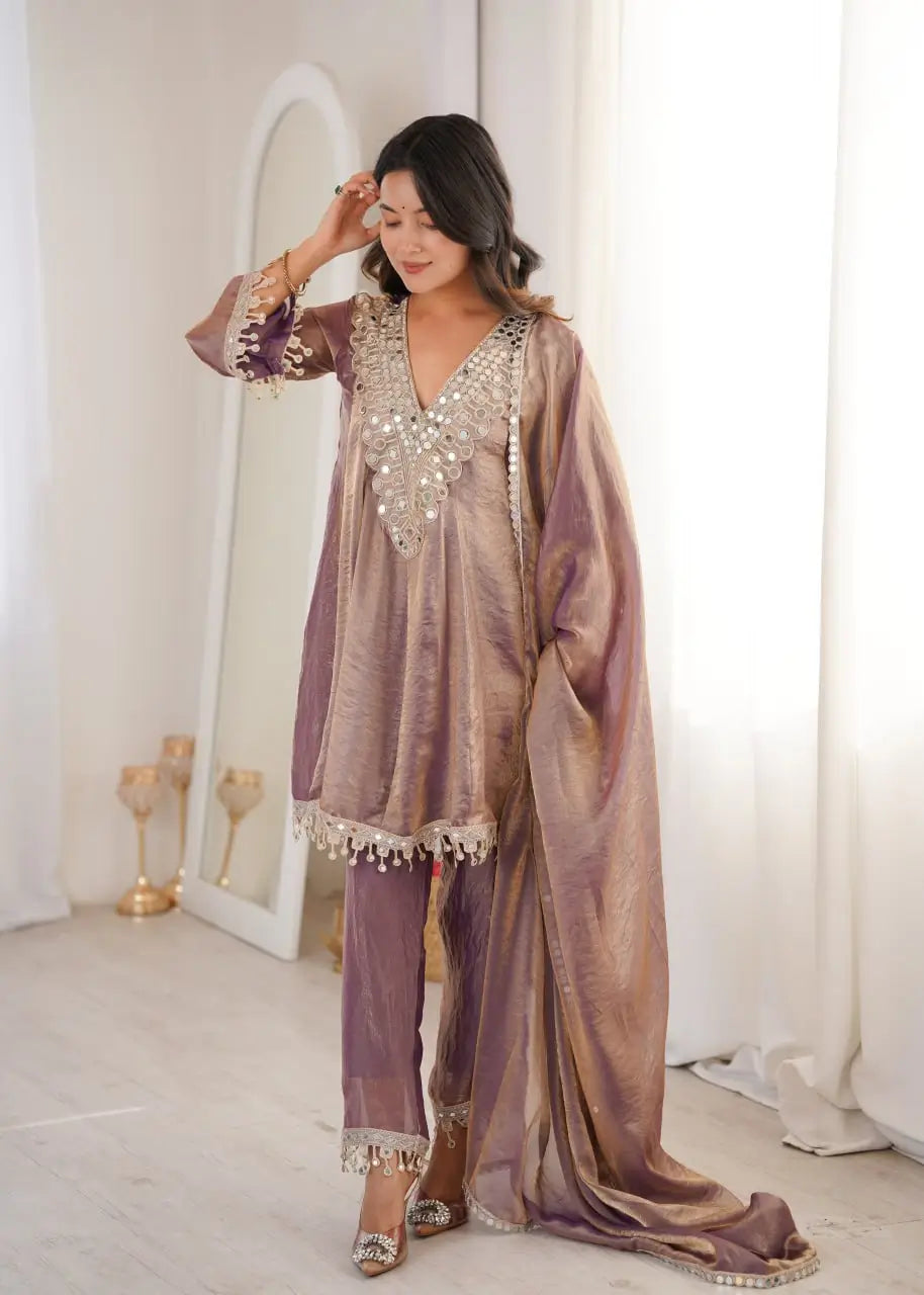 Fendy Fabric Mirror Work Kurti Pant Set with Dupatta