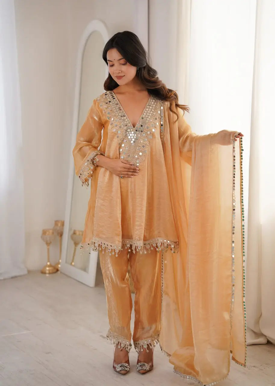 Fendy Fabric Mirror Work Kurti Pant Set with Dupatta