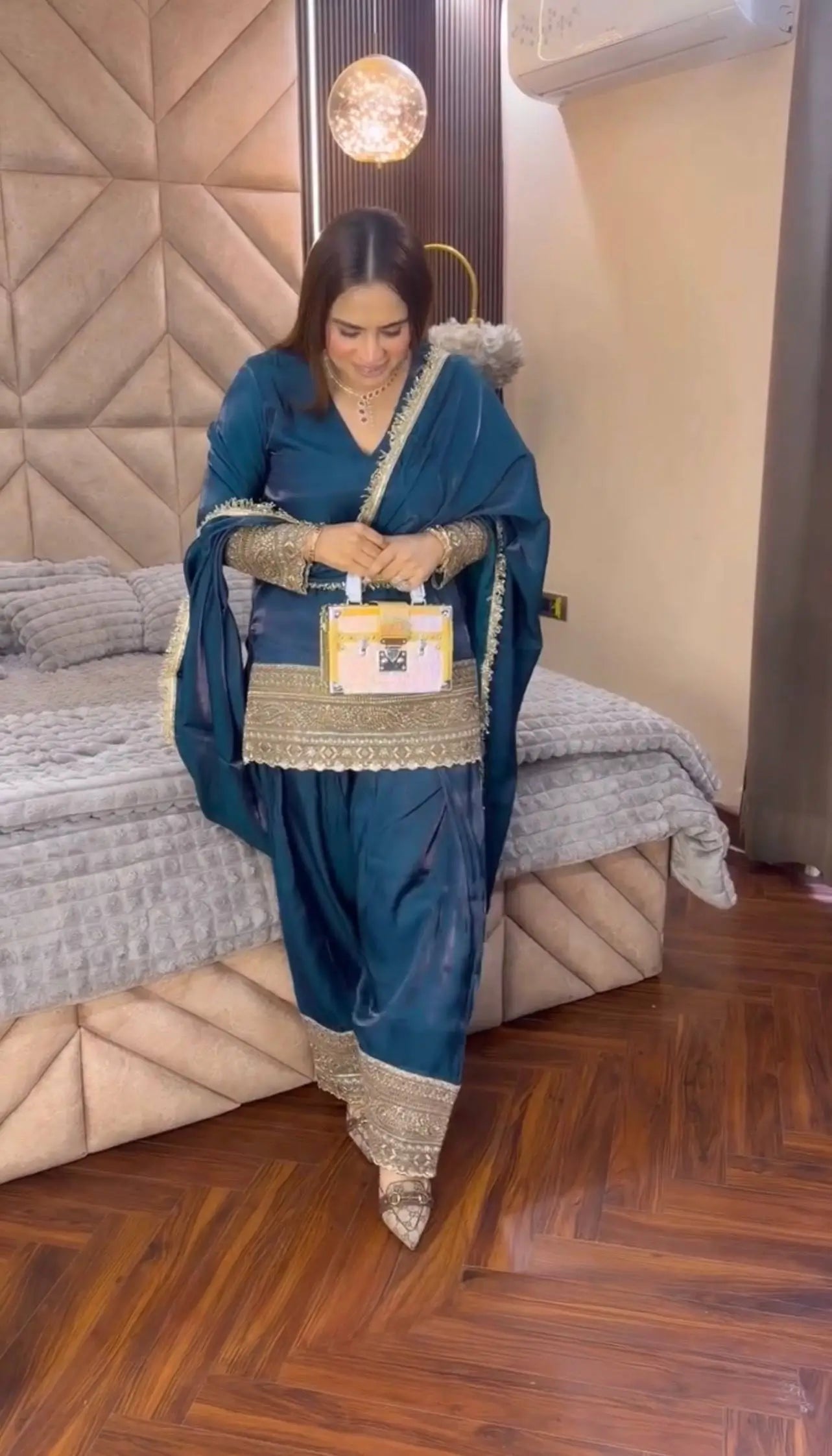 Fendy Silk Embroidered Farshi Pant Suit Set (Available in Teal & Wine)
