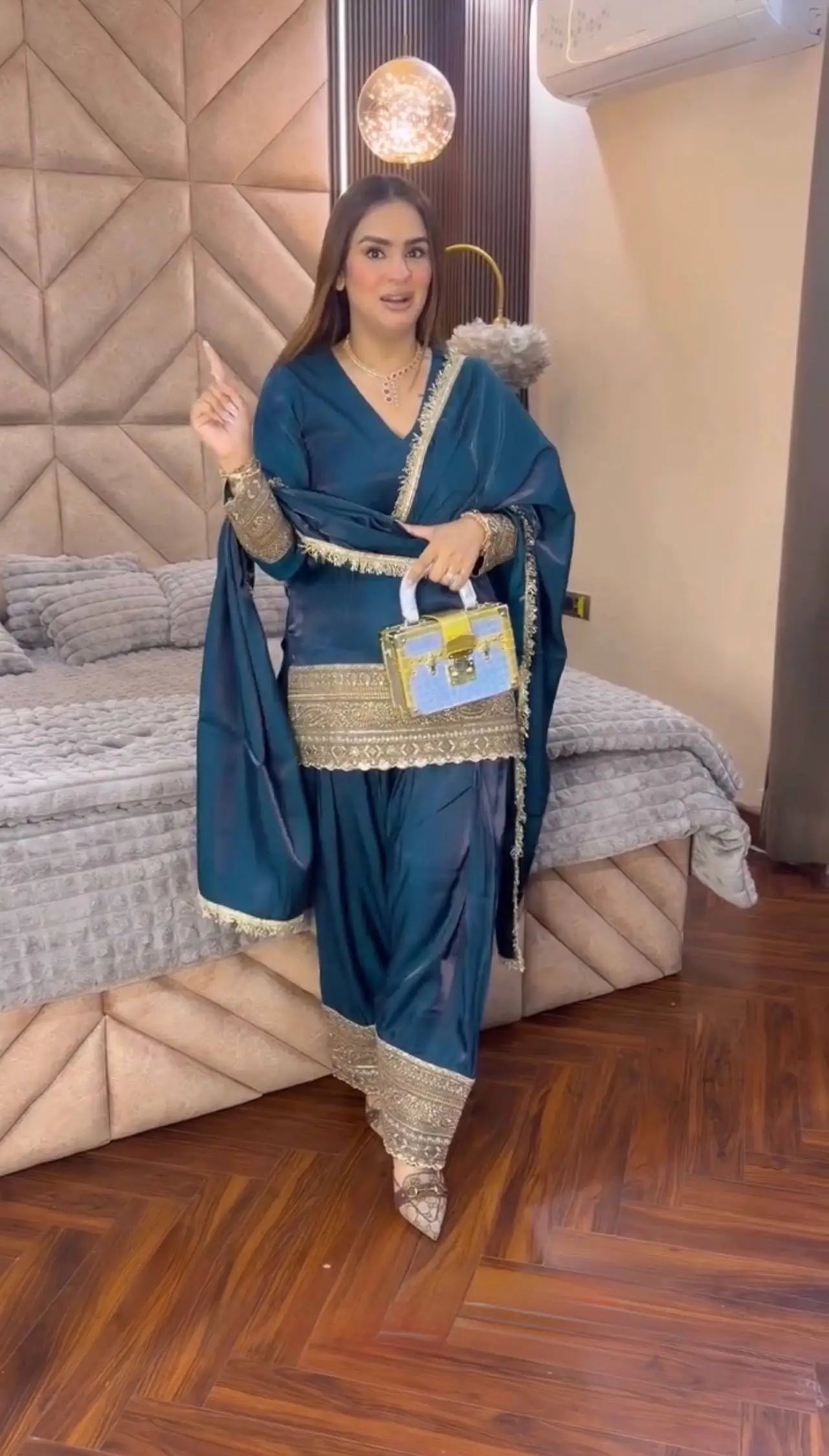Fendy Silk Embroidered Farshi Pant Suit Set (Available in Teal & Wine)