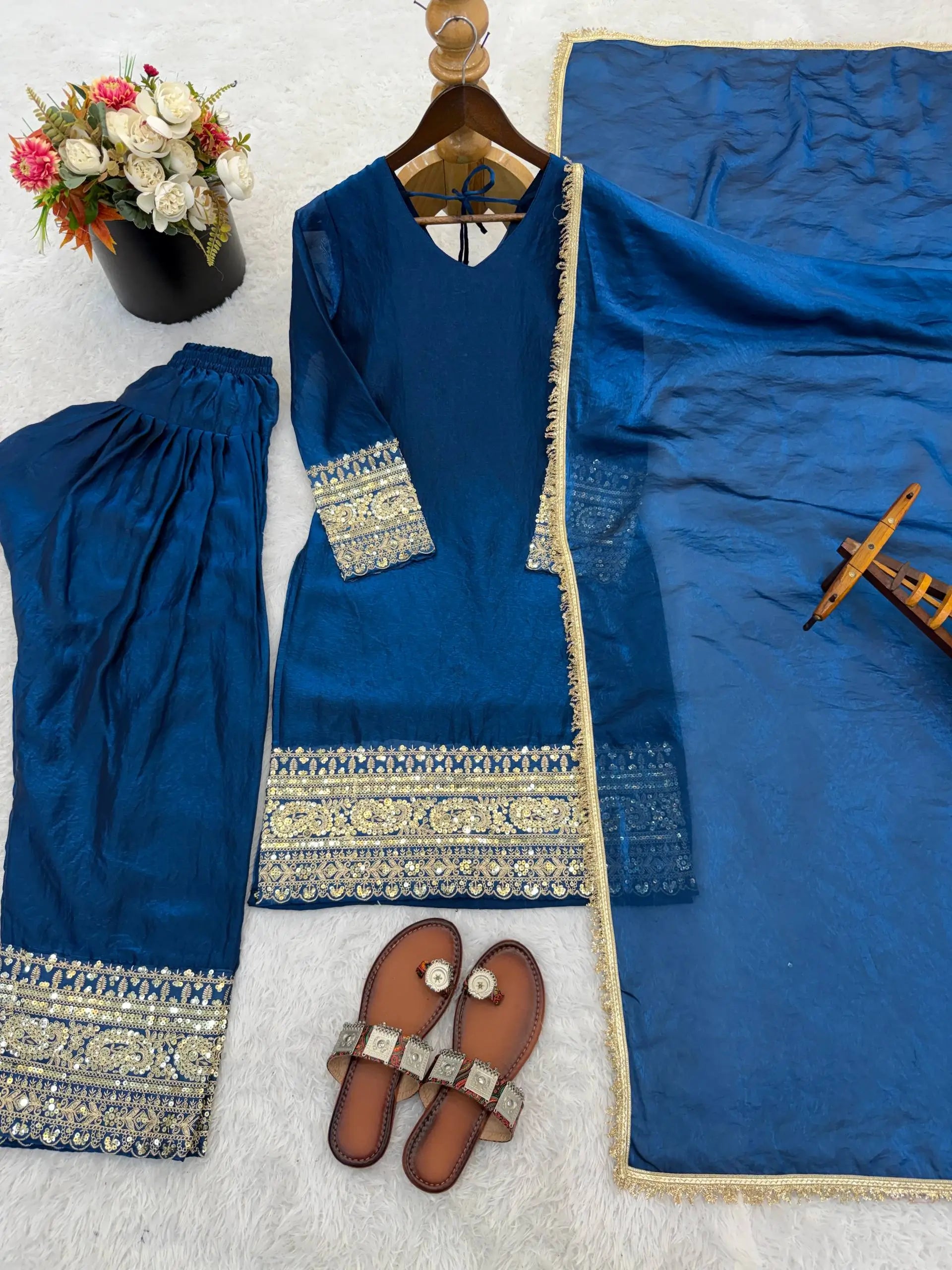 Fendy Silk Embroidered Farshi Pant Suit Set (Available in Teal & Wine)