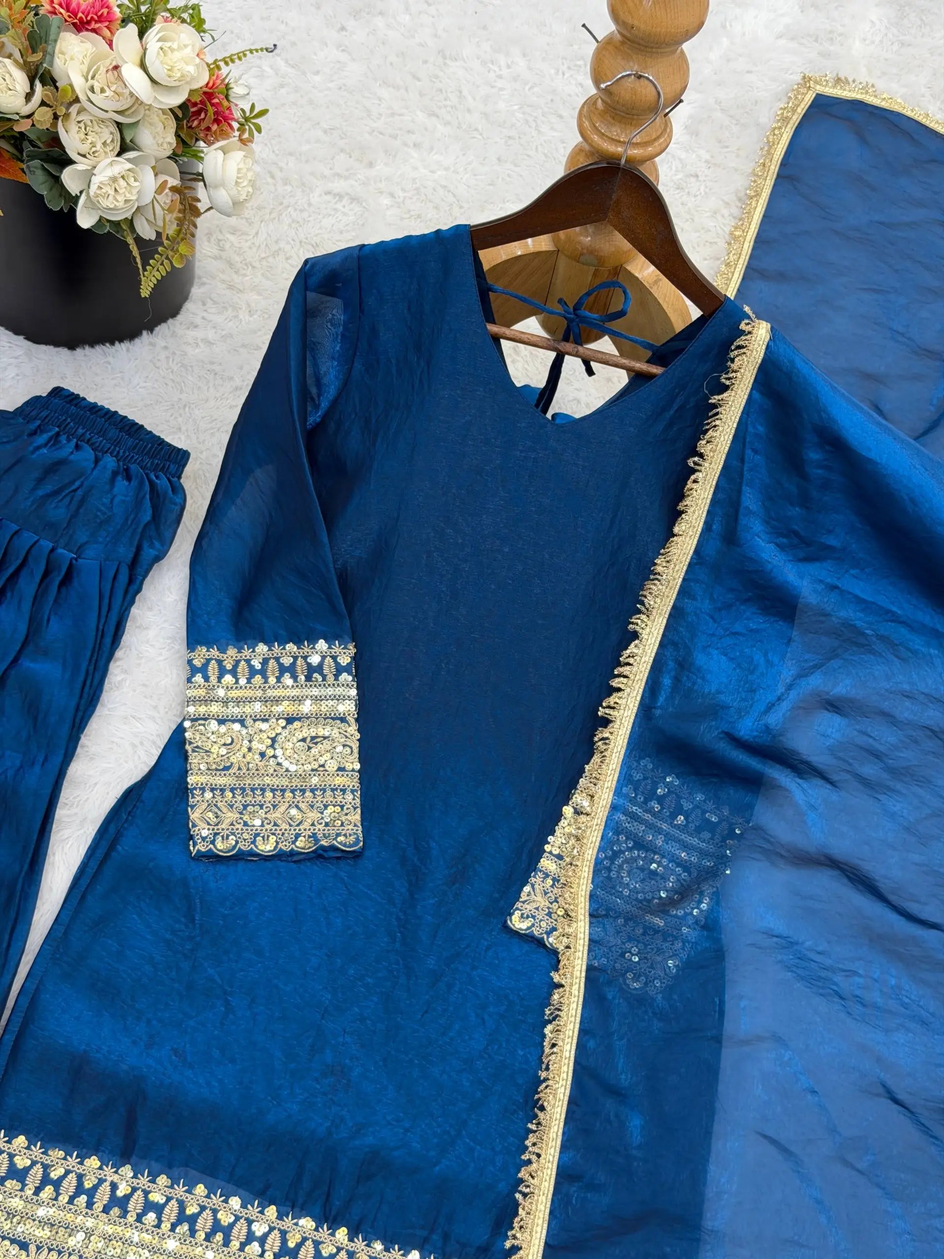 Fendy Silk Embroidered Farshi Pant Suit Set (Available in Teal & Wine)