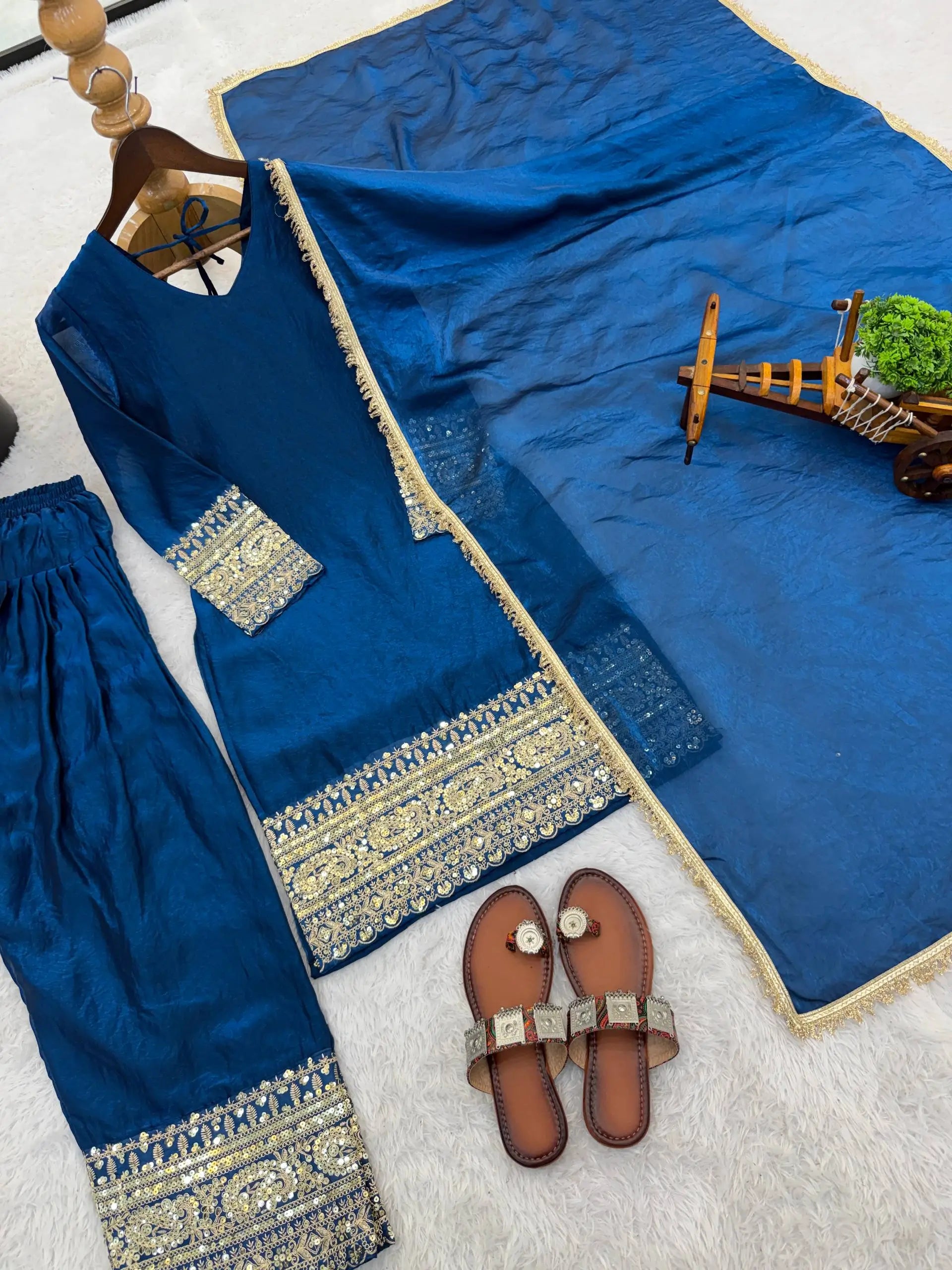 Fendy Silk Embroidered Farshi Pant Suit Set (Available in Teal & Wine)